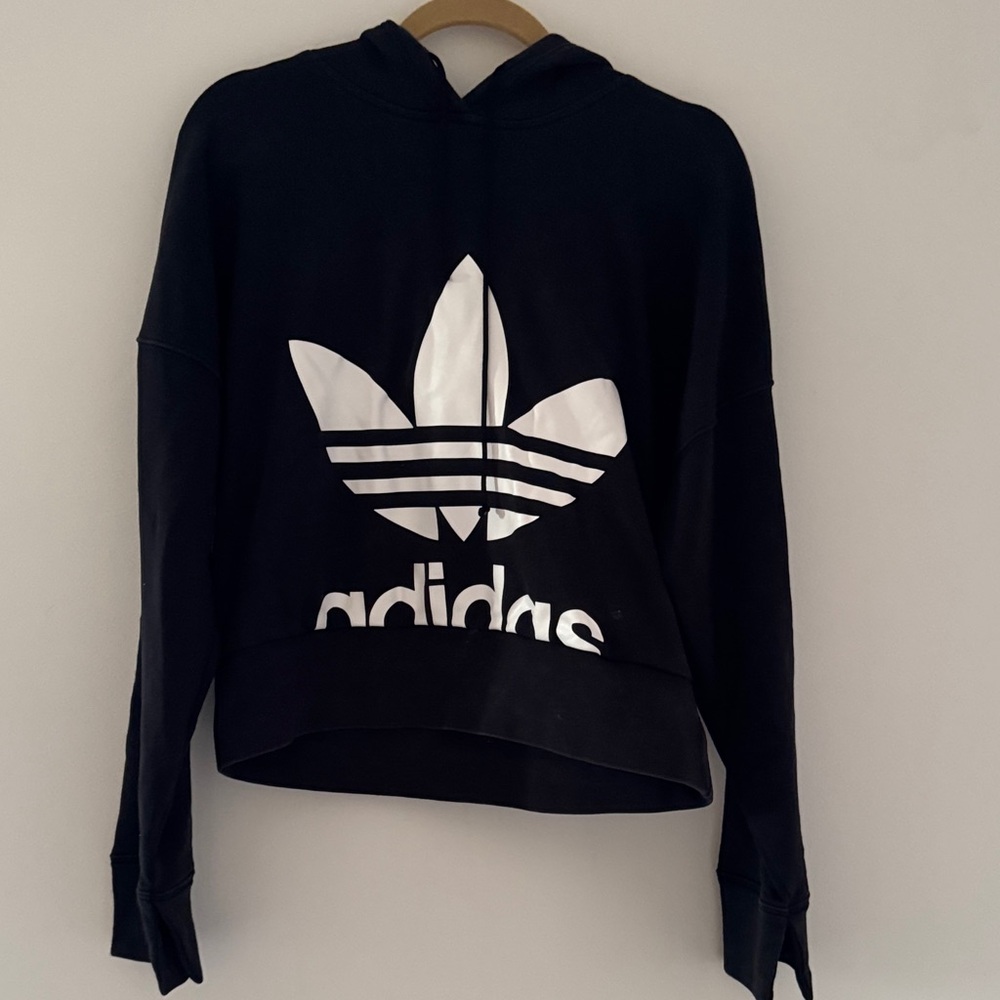 Adidas Black Cropped hoodie with White trefoil